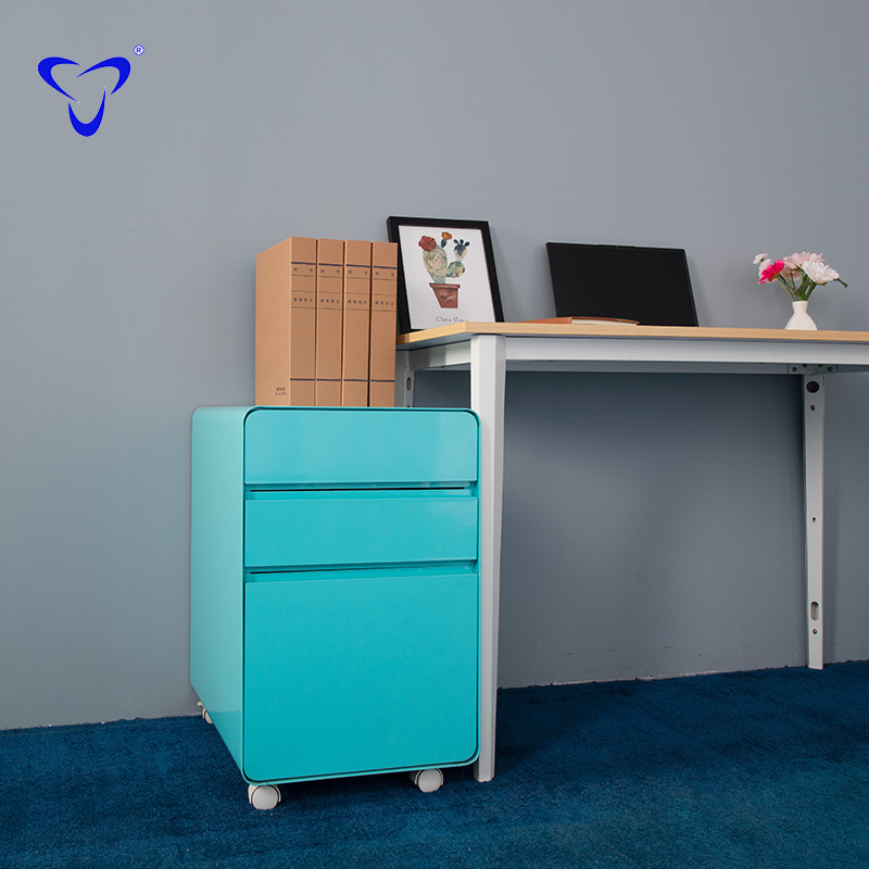 Office metal furniture storage 3 drawers round edge filing cabinet mobile pedestal with lock file cabinet on wheels