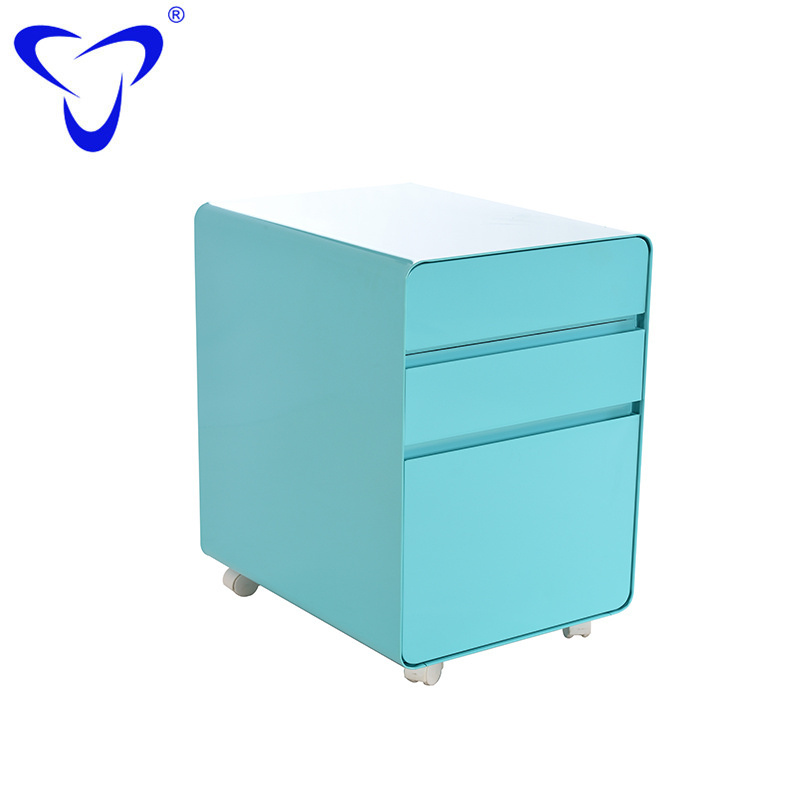 Office metal furniture storage 3 drawers round edge filing cabinet mobile pedestal with lock file cabinet on wheels