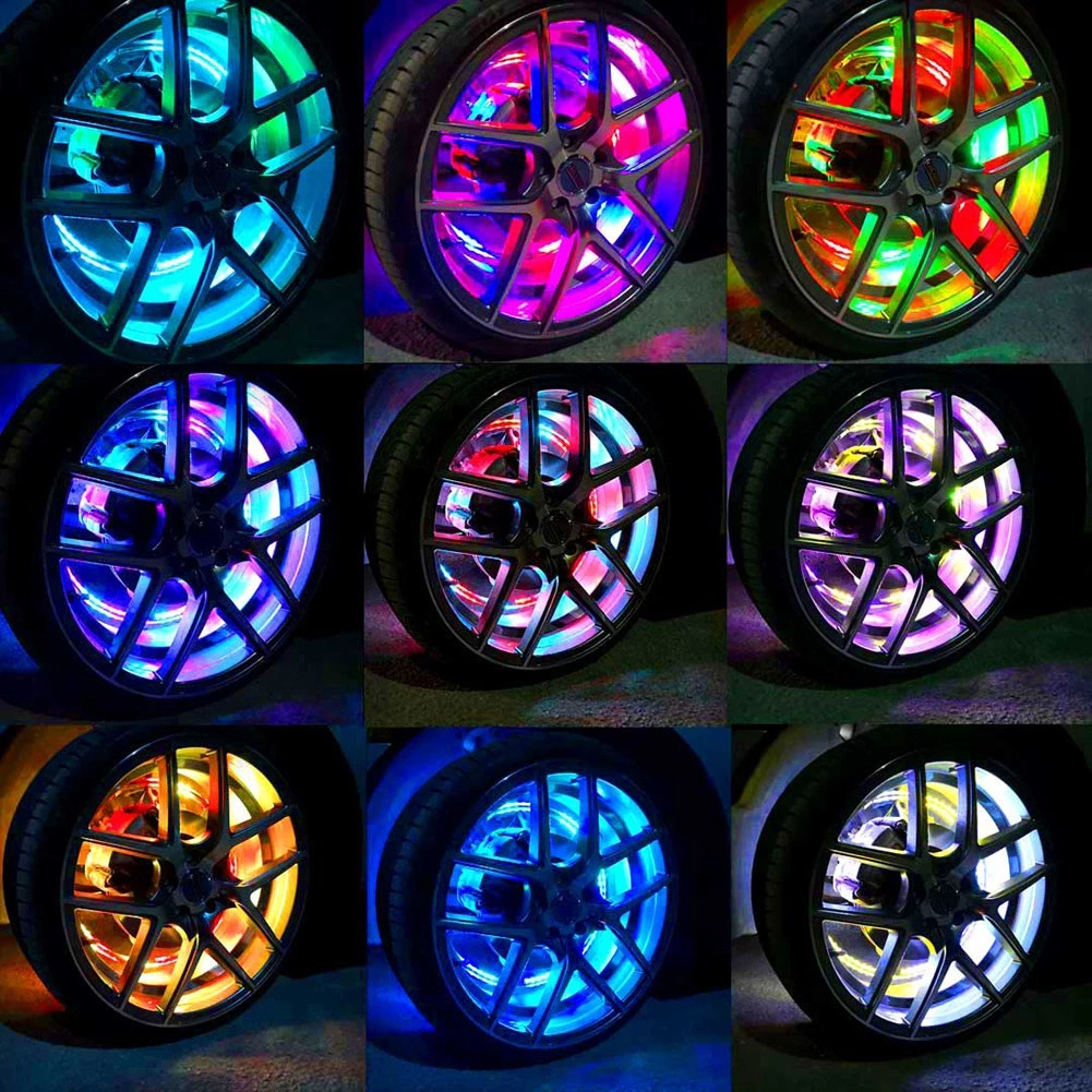 4PCS Aluminum Car Ambient Hub Lamp Retrofit Decorative Neon LED Light RGB 5-Inch Auto Wheel LED Ring Light for Tire Rim