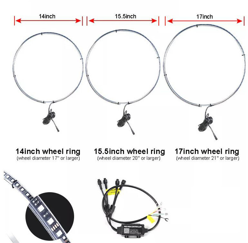 4PCS Aluminum Car Ambient Hub Lamp Retrofit Decorative Neon LED Light RGB 5-Inch Auto Wheel LED Ring Light for Tire Rim