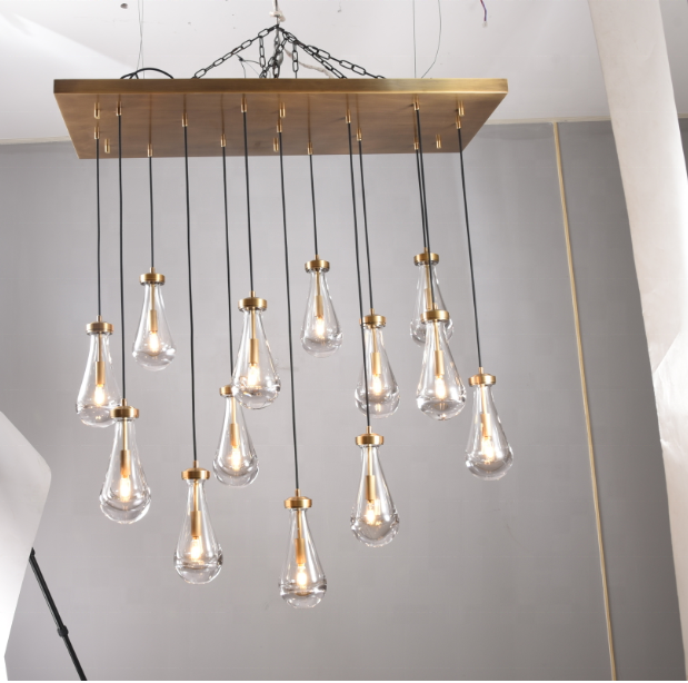 Luxury staircase rain drop brass crystal glass chandelier ceiling light fixtures