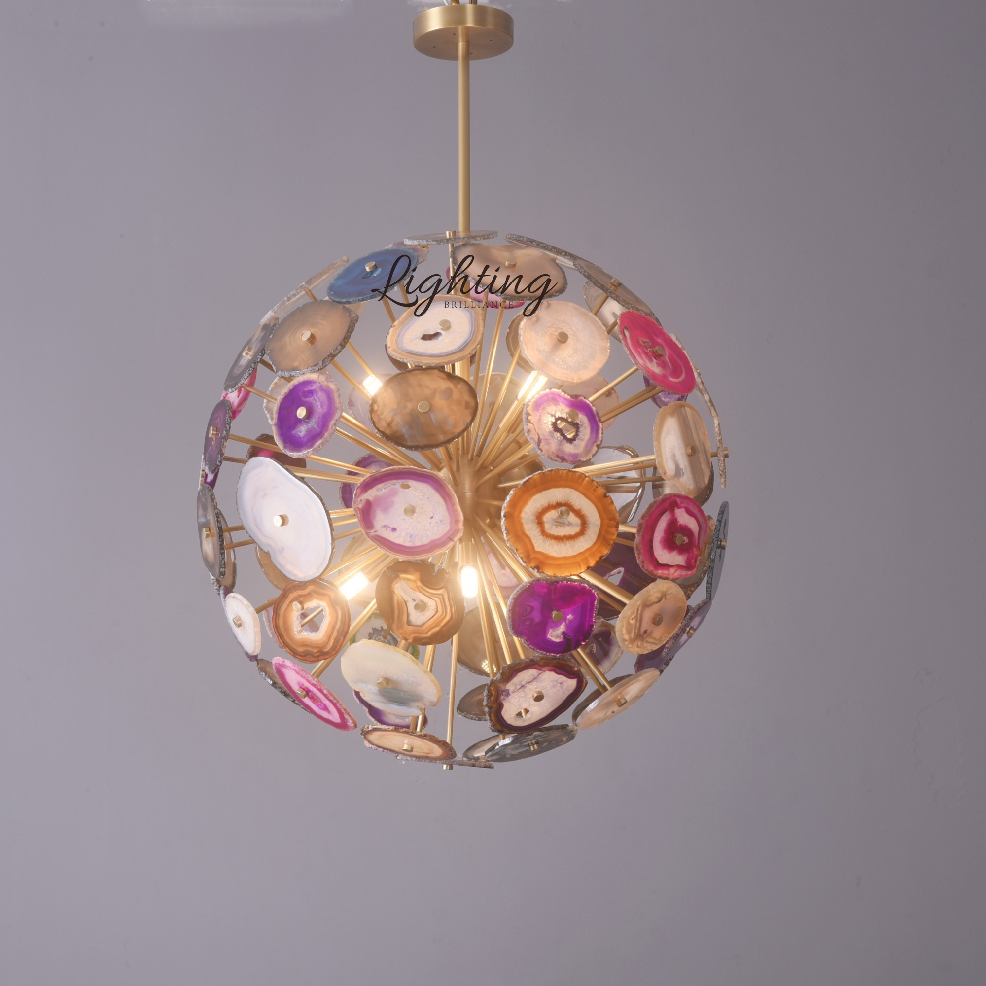 Modern Luxurious Brass Gold Sputnik Natural Pink Blue Agate Slice Stone Lustre Chandelier Lighting Fixture For Living Room