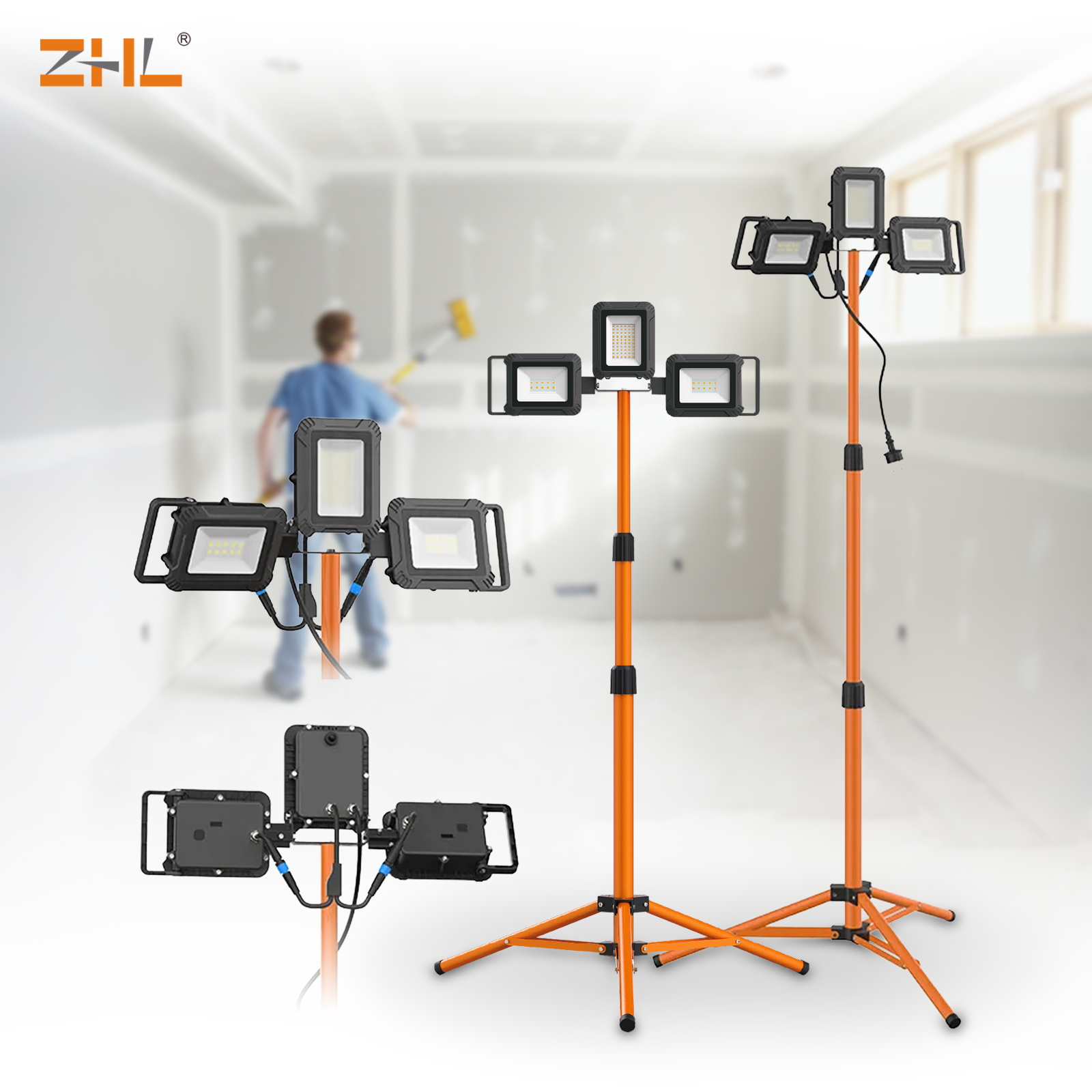 LED Rechargeable Work Light 40W IP54 Waterproof Cordless Tripod Working Lamp LED 3-Headed Series Work Lights for Basement