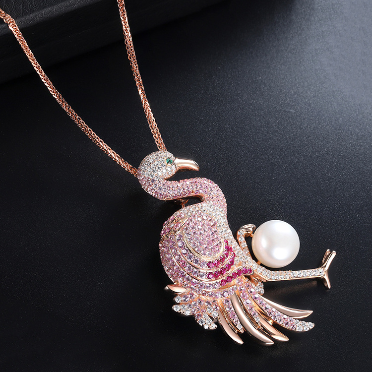 Light Jewelry Flamingo Brooch Hot Sale Hijab Pins And Brooches For Women Bird Pins Brooches And Necklace With Freshwater Pearl