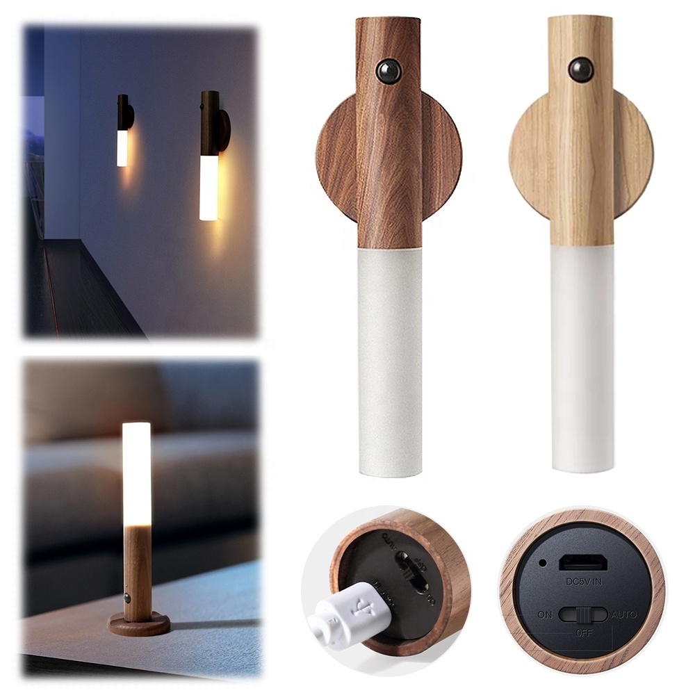 Inductive PIR Portable Wireless Magnetic Smart Indoor Wall Staircase Lamp USB Rechargeable Wood Led Motion Sensor Night Light