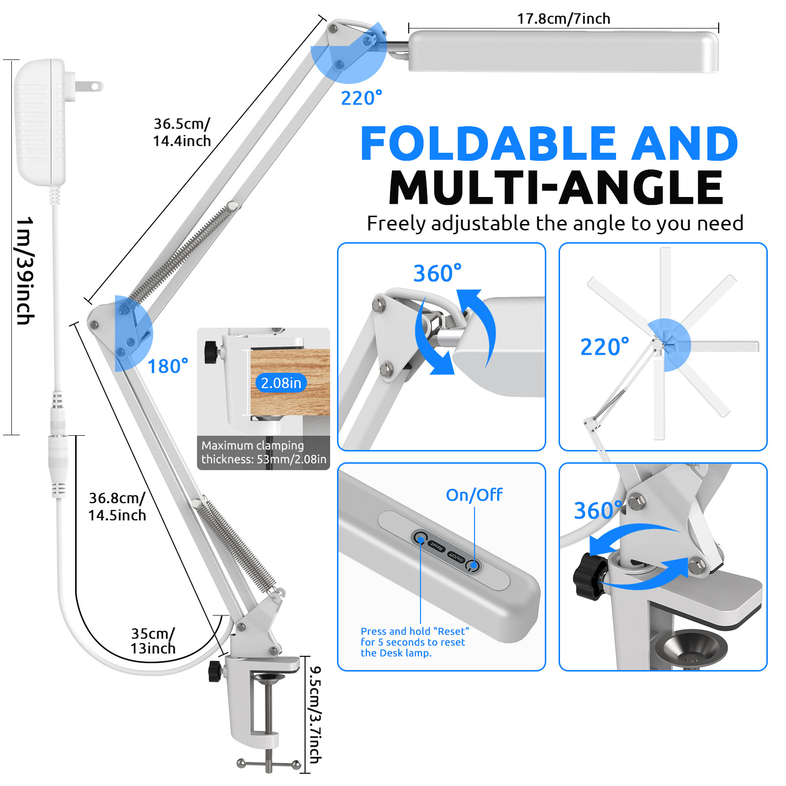 2022 New Design Plug in Swing Arm LED Desk Lamp with Clamp Dimmable Reading Light Clip-on Table Lamp USB Desk Lamp For Computer