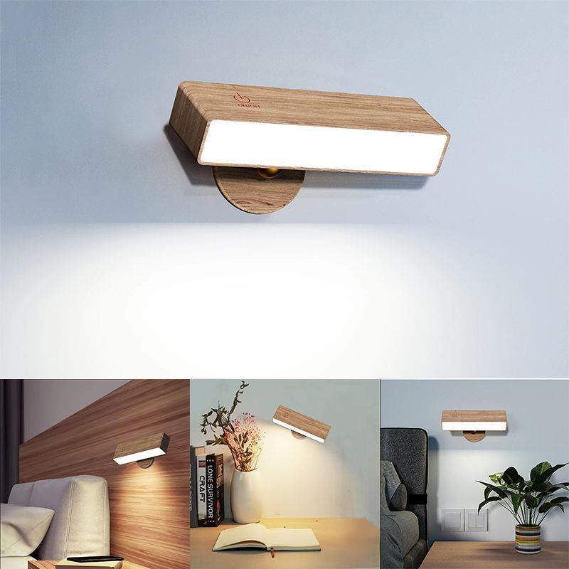 LED Battery Operated Wall Sconce Cordless Dimmable Magnetic Wall Mounted Reading Lamp Rotatable Wood Rechargeable Wall Light