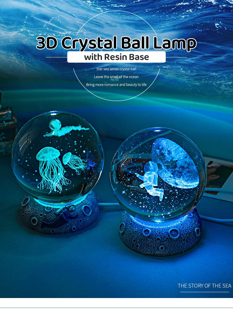 LED Ocean Sea Crystal Ball Night Light with Resin Base Luminous Jellyfish Glass Ball Light Color Changing 3D Crystal Ball Lamp