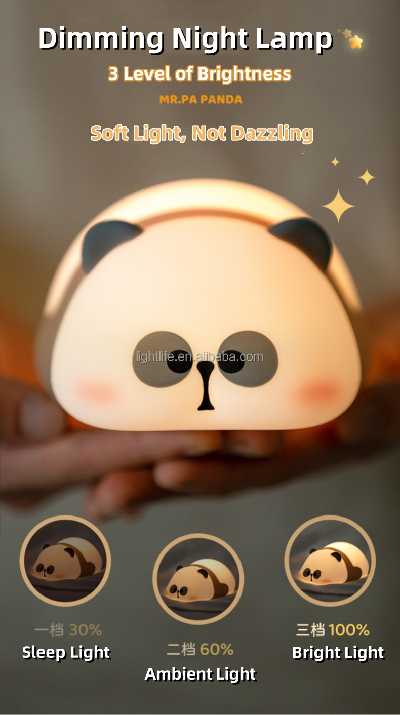 Creative Gift Cartoon Panda Night Light for Kids LED Portable Baby Nursery Lamp USB Rechargeable Touch Cute Silicone Panda Lamp