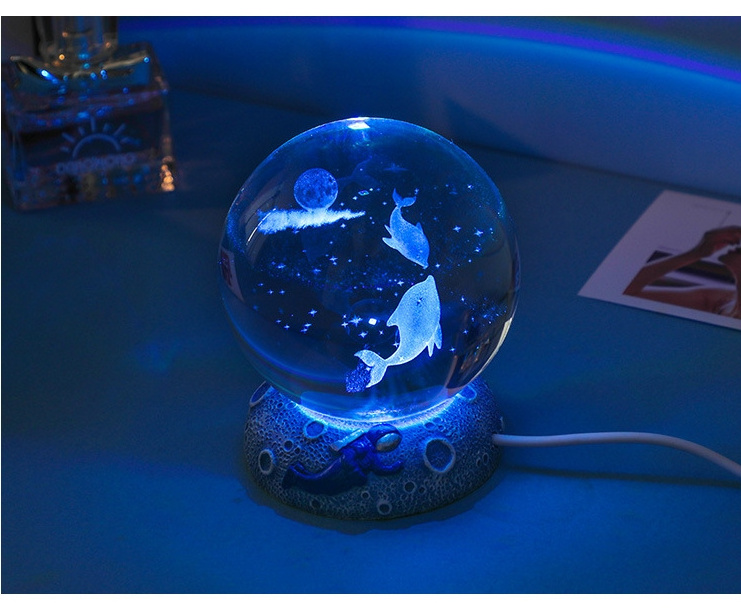 LED Ocean Sea Crystal Ball Night Light with Resin Base Luminous Jellyfish Glass Ball Light Color Changing 3D Crystal Ball Lamp