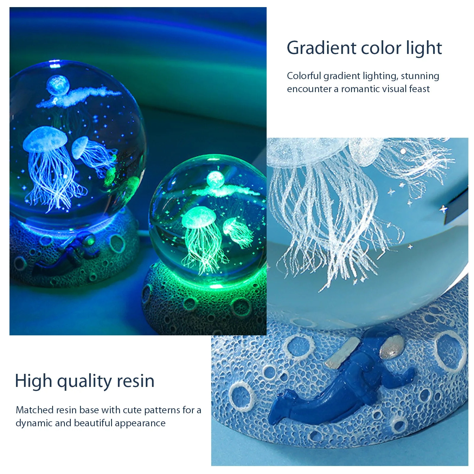 LED Ocean Sea Crystal Ball Night Light with Resin Base Luminous Jellyfish Glass Ball Light Color Changing 3D Crystal Ball Lamp