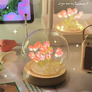 Mother's Day Gift DIY Glass Tulip with Light Artificial Flower Table Lamp Romantic Tulip Lamp Purple/Pink Tulip LED Night Light