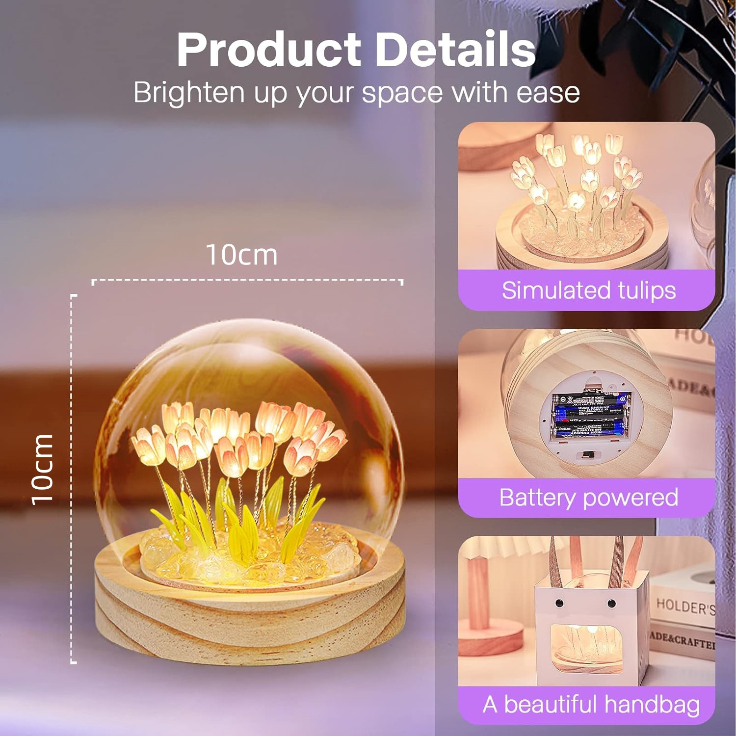 Mother's Day Gift DIY Glass Tulip with Light Artificial Flower Table Lamp Romantic Tulip Lamp Purple/Pink Tulip LED Night Light