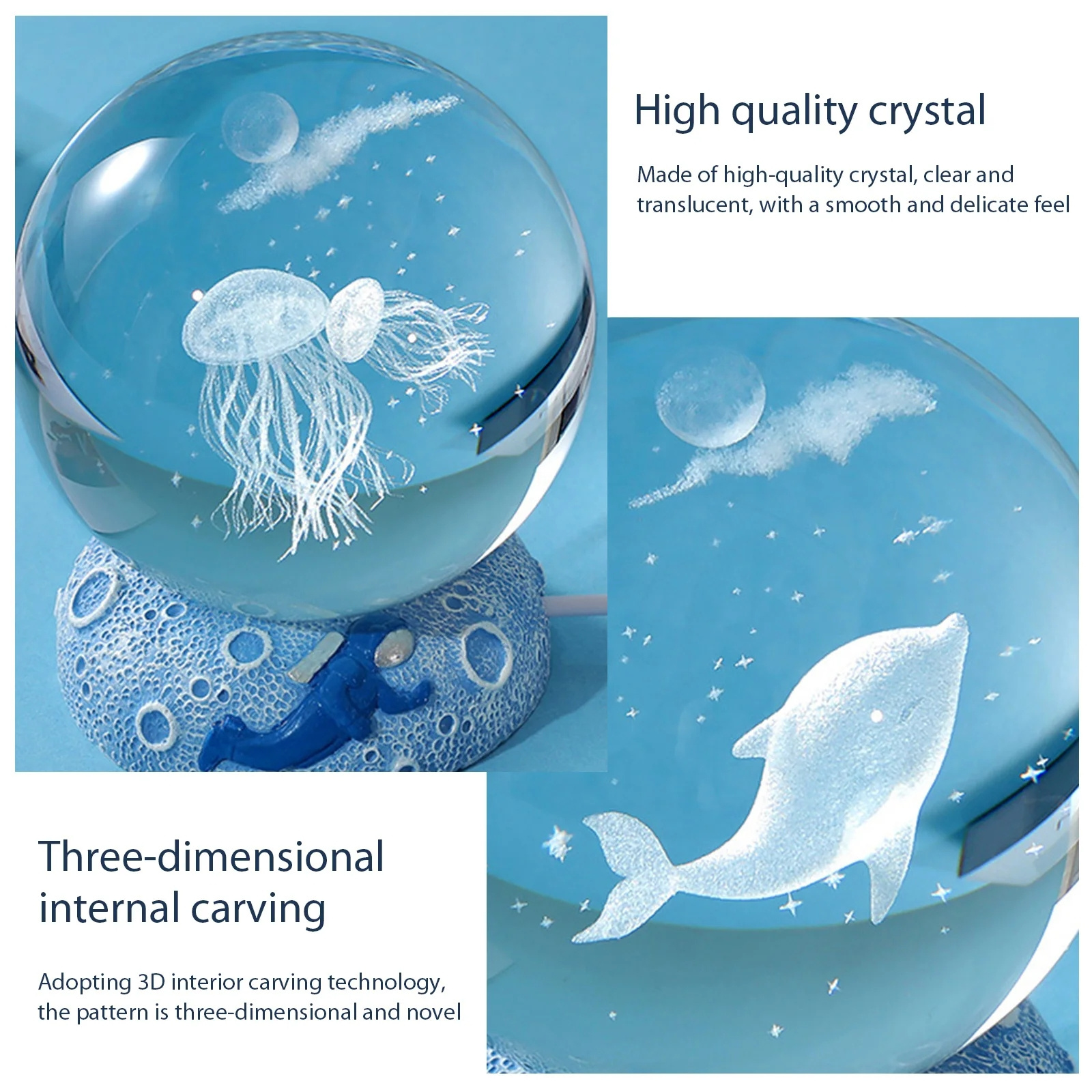 LED Ocean Sea Crystal Ball Night Light with Resin Base Luminous Jellyfish Glass Ball Light Color Changing 3D Crystal Ball Lamp