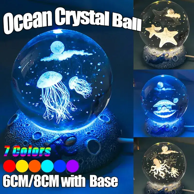 LED Ocean Sea Crystal Ball Night Light with Resin Base Luminous Jellyfish Glass Ball Light Color Changing 3D Crystal Ball Lamp