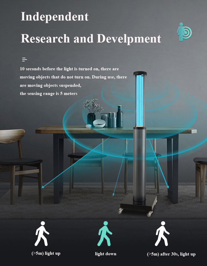 NEW DESIGN size adjustable radar sensor hospital 254nm uvc disinfection ultraviolet Light UVC trolley lamp