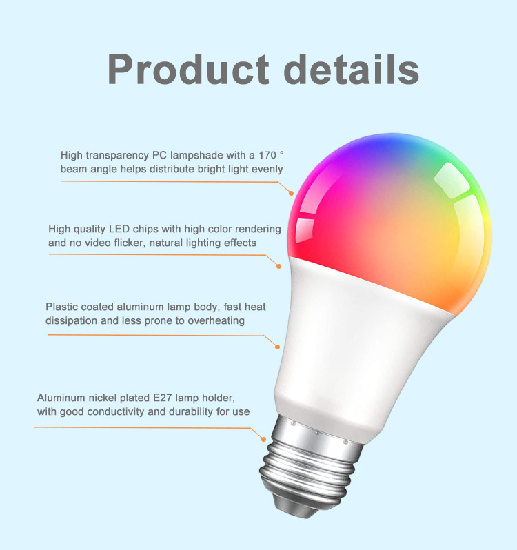 Tuya Smart Light Bulb App Control 2700k-6500k Rgbcw+cct Smart Bulb Google Home 9w E26 E27 B22 A60 Led Tuya Wifi Smart Life Bulb