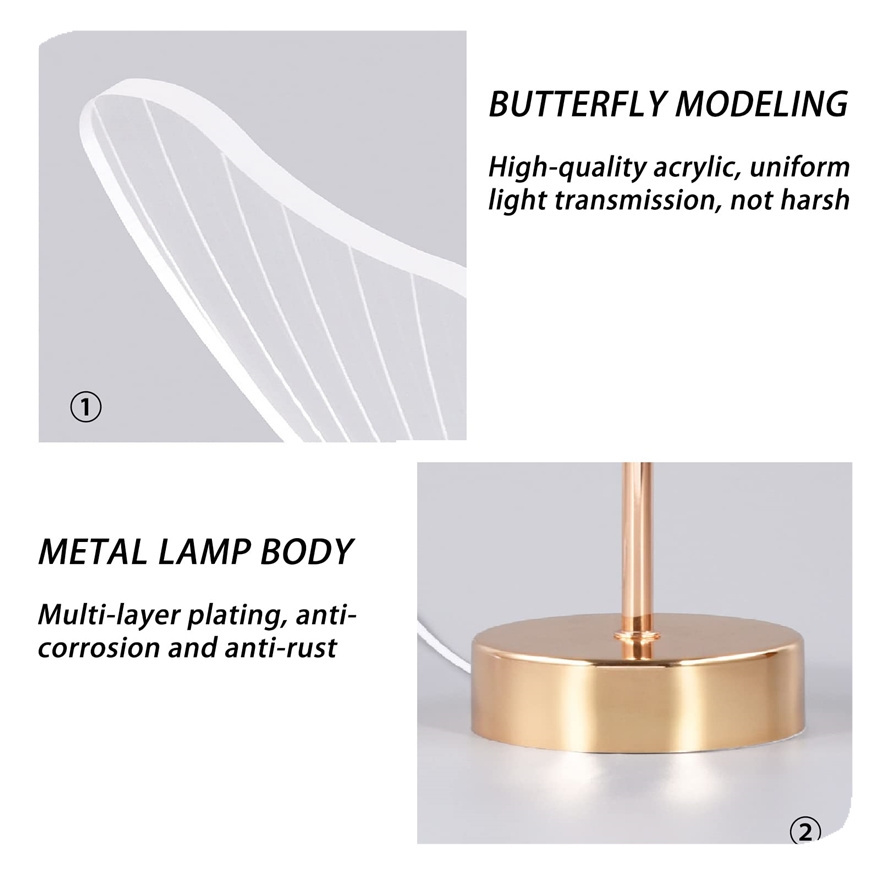 New Pretty Table LED Dimmable Nightstand Modern Golden Metal Base Butterfly Desk Lamps with Push Button Switch lamp