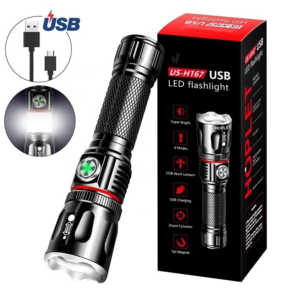 Led Micro USB Flashlight 1000 Lumensbhandheld COB Lantern T6 Tactical Zoomable with Magnetic Base Camping Torch Work Lamp Light