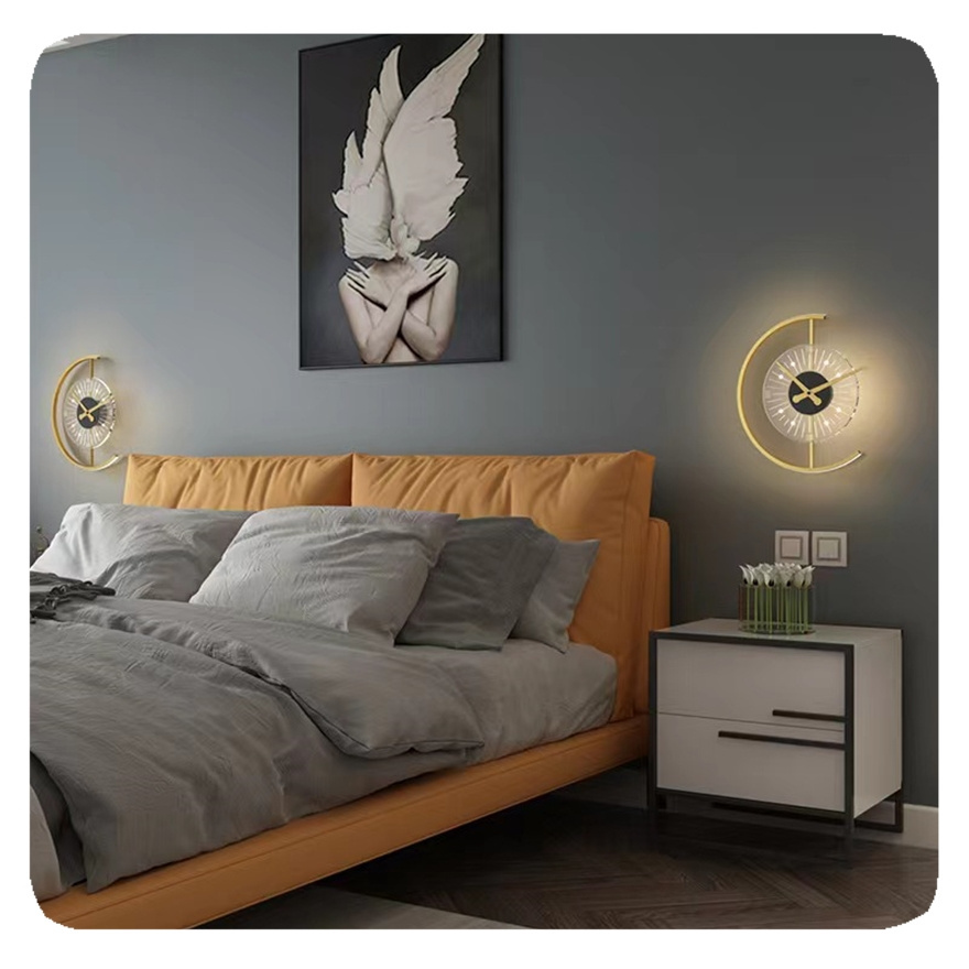 New Nordic Bed Charging Clock Modern Wall Light for Bedroom Bedside Lights Lamp Silica Gel LED Golden 90 80 Gold Round 50000 110