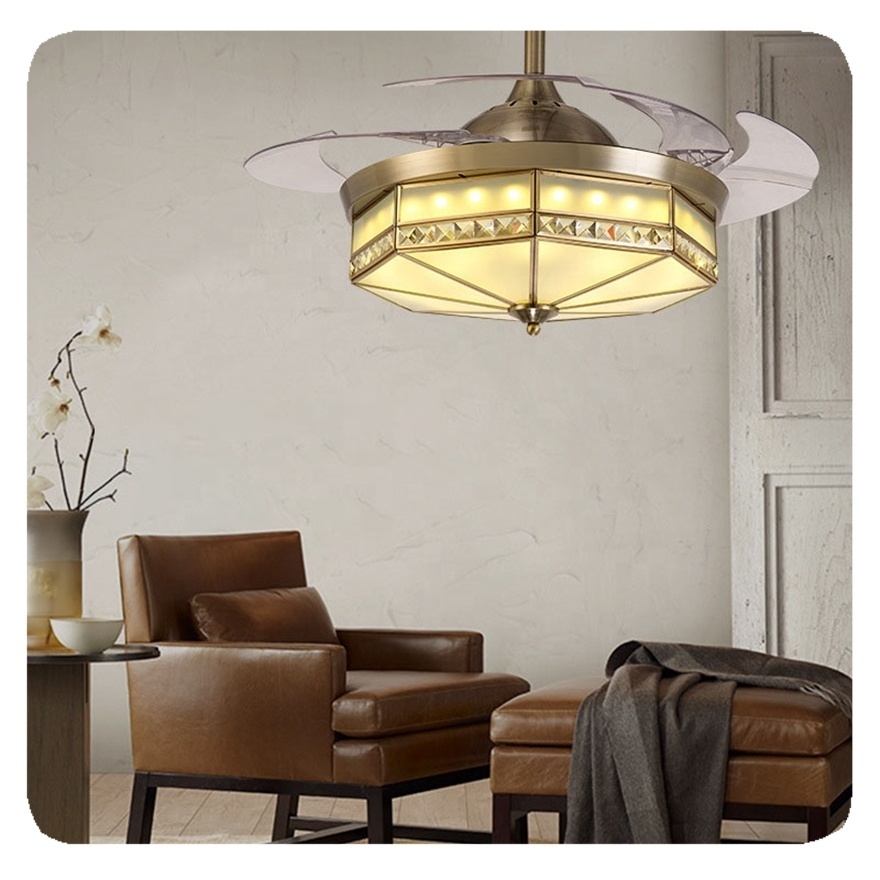 2024 New led Glass Lampshades Chandeliers Pendant Light Lighting Ceiling Fan with Hidden Blades Remote Control Lamp