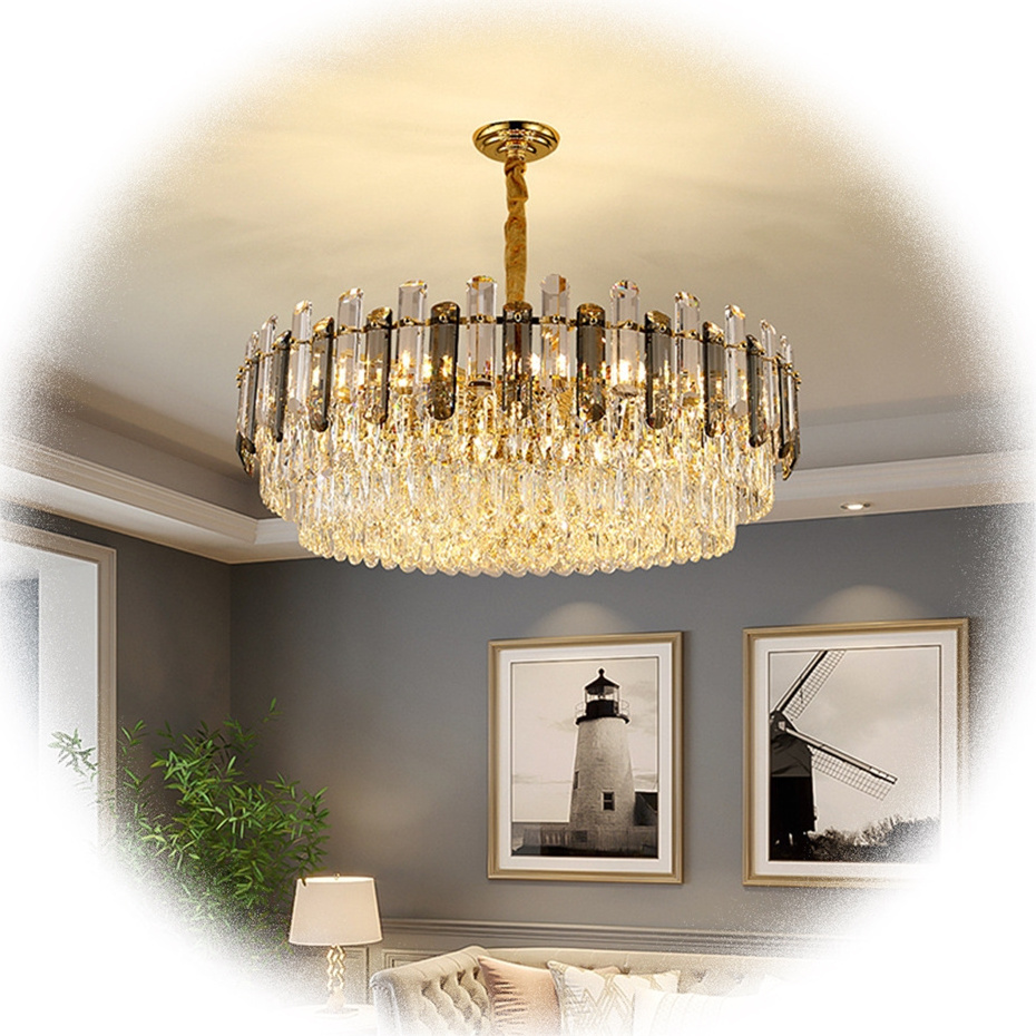 Crystal Led Ceiling Chandelier Pendant Lamp Rectangle Hanging Lights Fixture Live Room Creative Smoky Gray Kitchen Lustre Gold