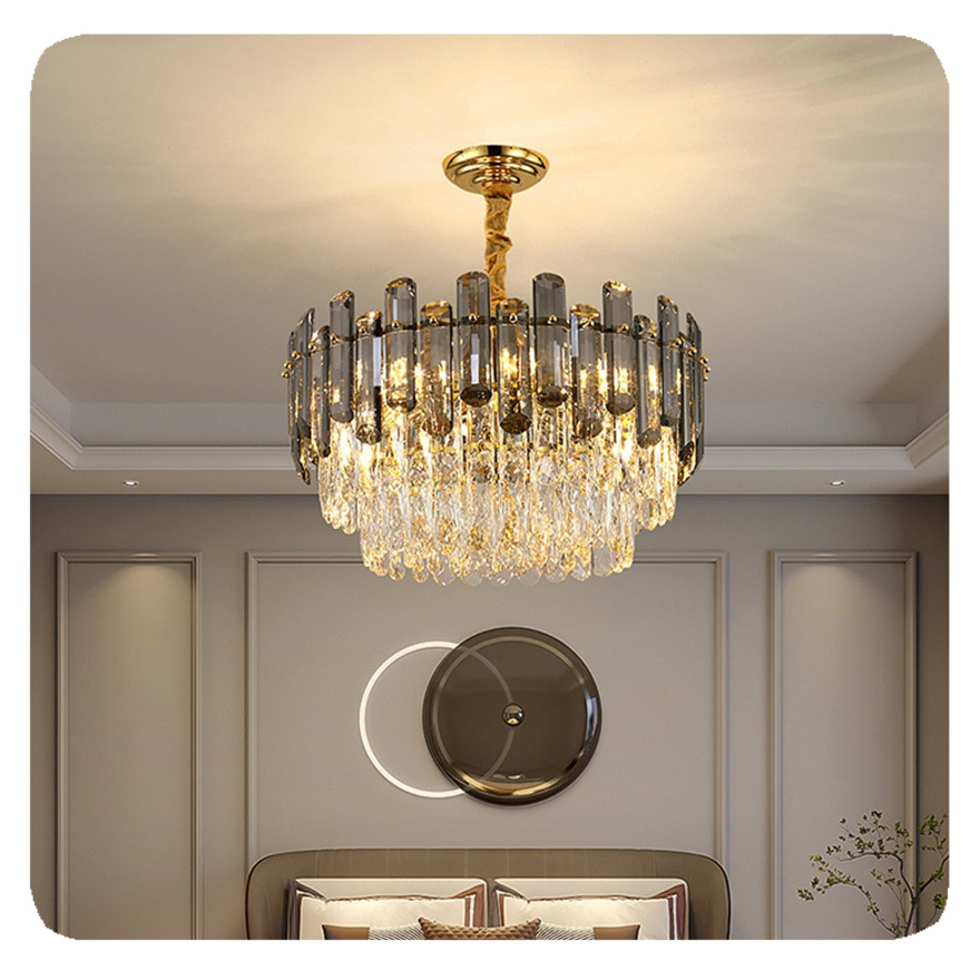 Crystal Led Ceiling Chandelier Pendant Lamp Rectangle Hanging Lights Fixture Live Room Creative Smoky Gray Kitchen Lustre Gold