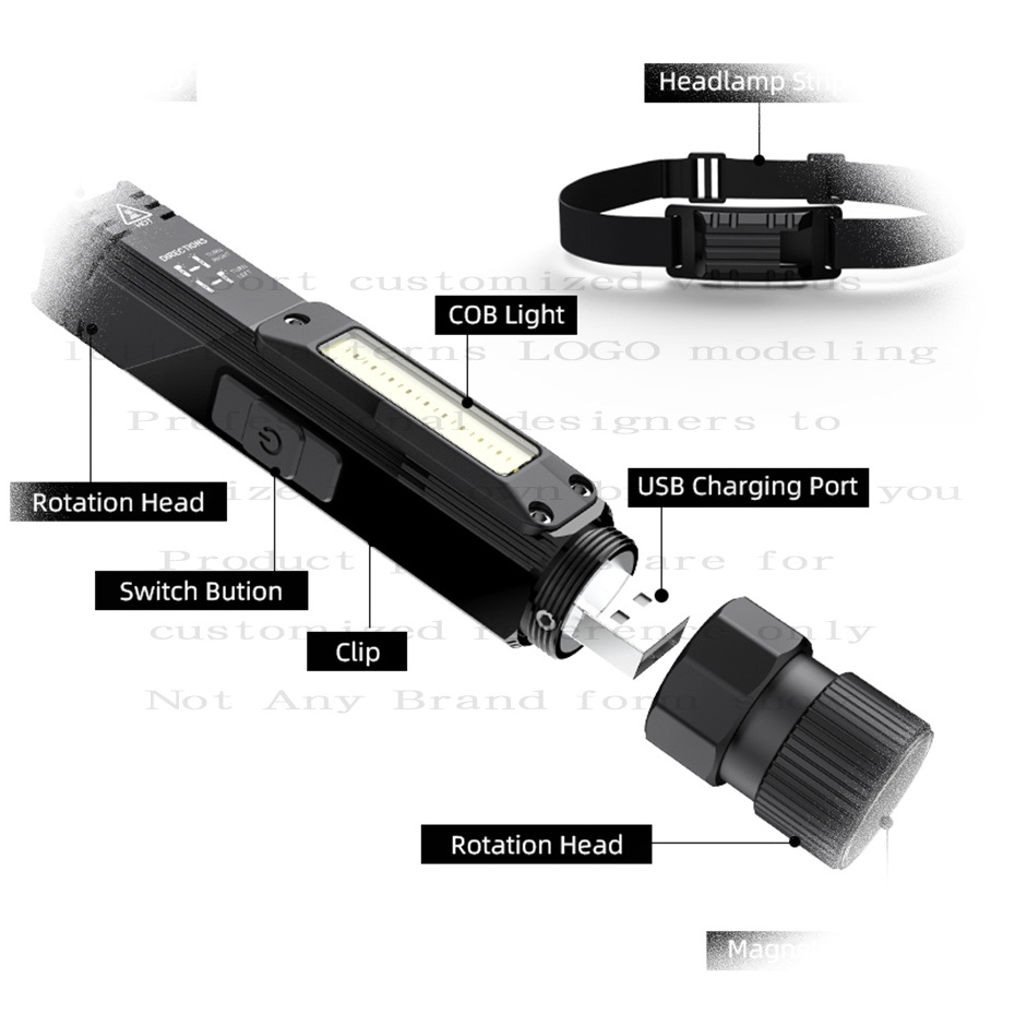 New Custom multifunction torch cob led flashlight 90 rotating degree flashlights rechargeable work light for car repair