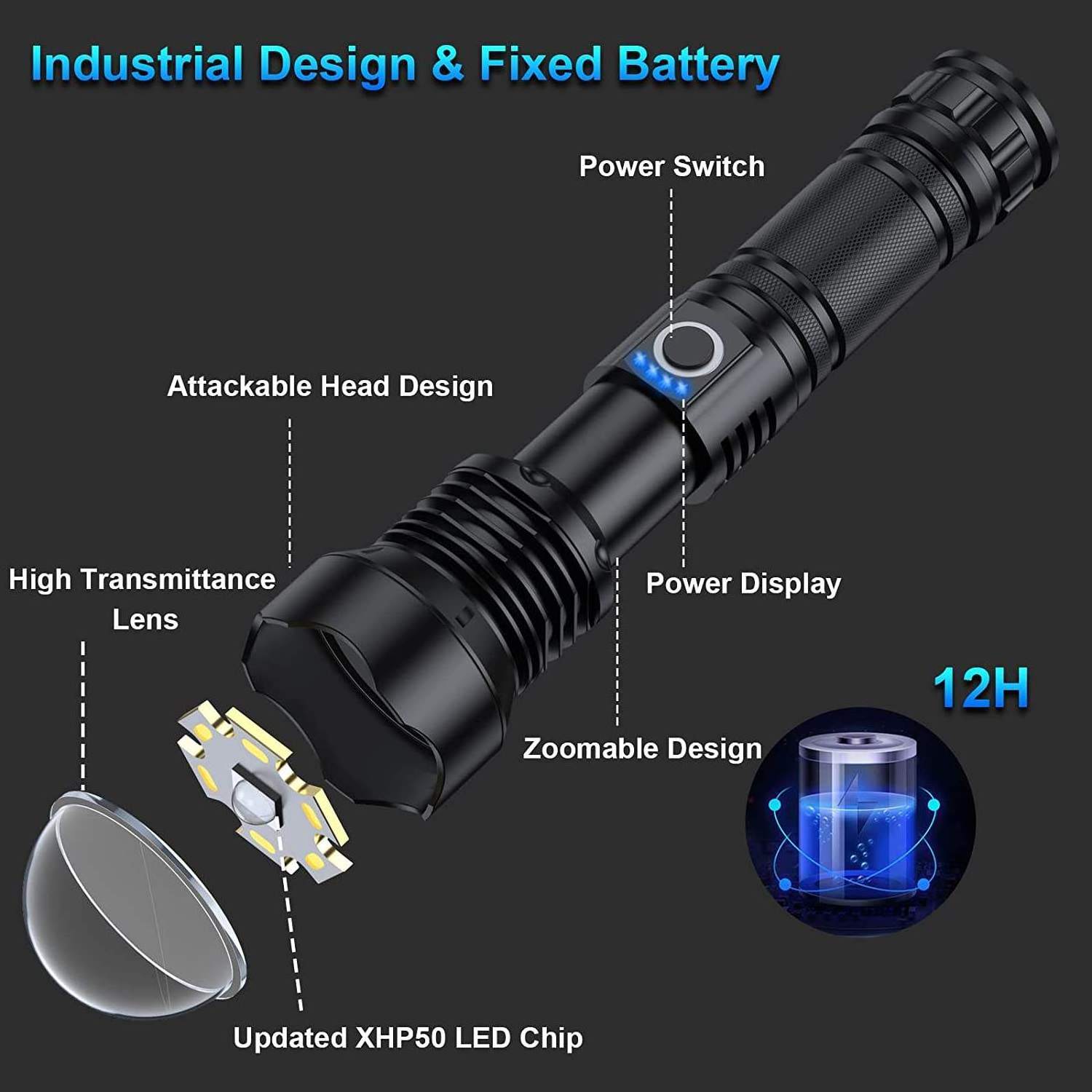 2024 Led Waterproof Long Range Brightest Lumens 10000 High Powered Flashlight 5 Modes Zoomable rechargeable outdoor lamp light