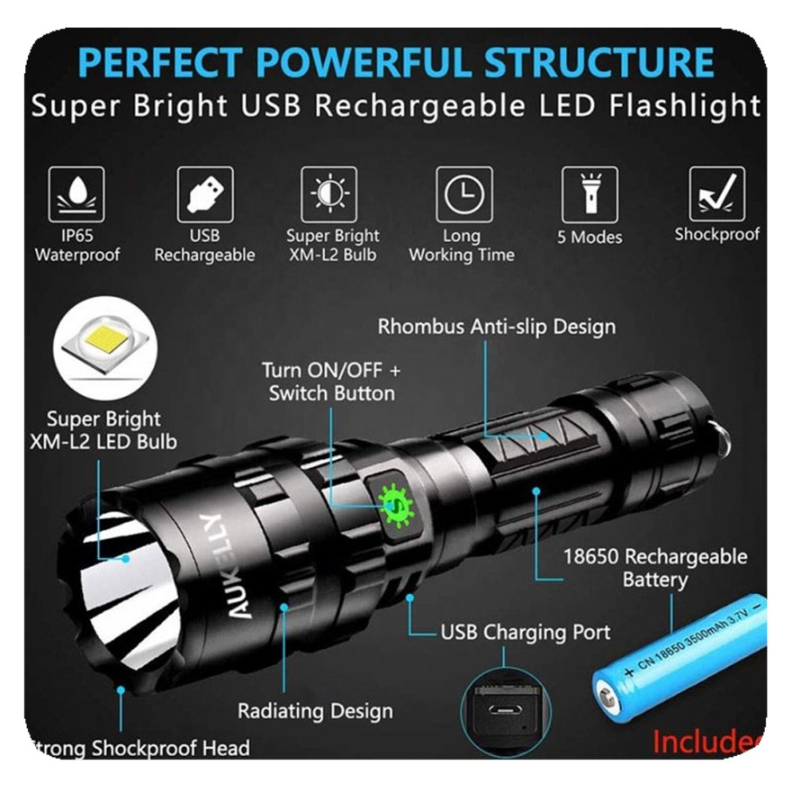 Zoomable Usb Rechargeable Type-c Emergency Led Flashlights & Torches NEW Design High Power Waterproof Black 18650 Flash Light L2