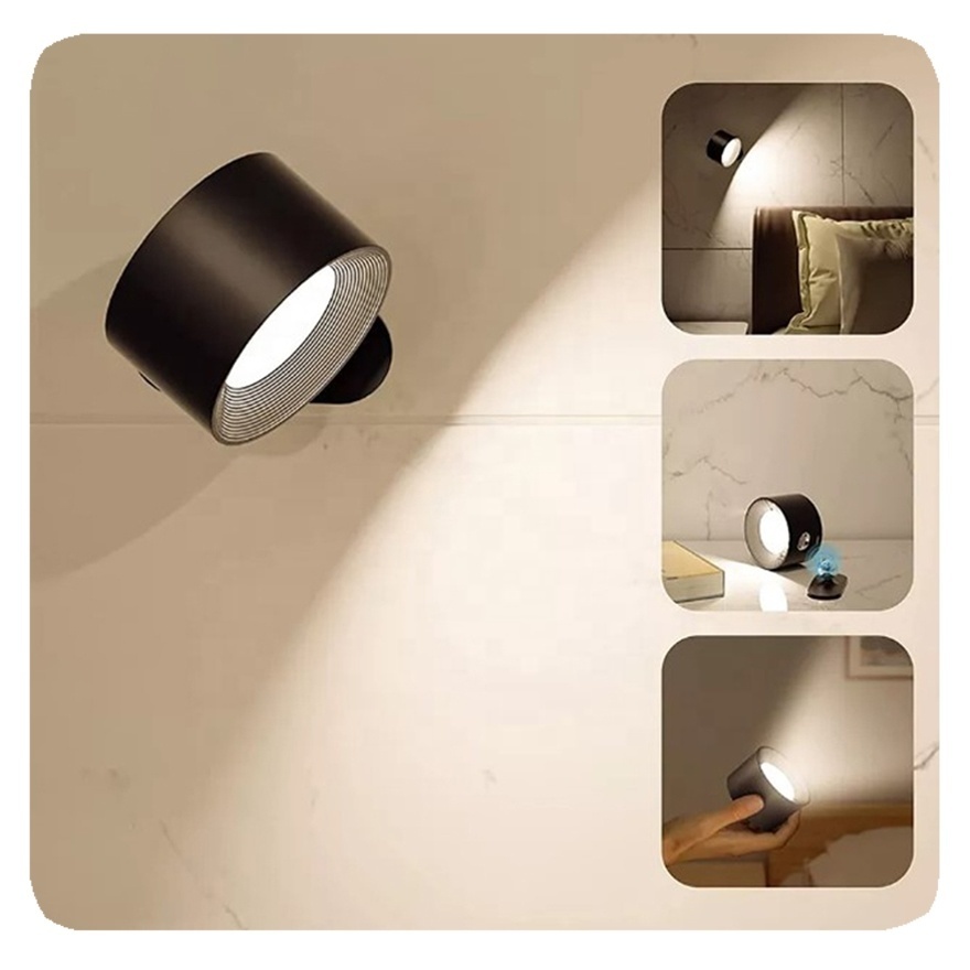 New Rechargeable 3 Color Temperature Sconce LED 360 Rotate Magnetic Wireless Bedroom Wall Reading Light Lamp