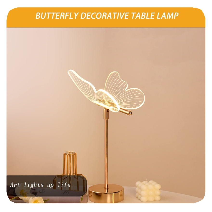 New Pretty Table LED Dimmable Nightstand Modern Golden Metal Base Butterfly Desk Lamps with Push Button Switch lamp