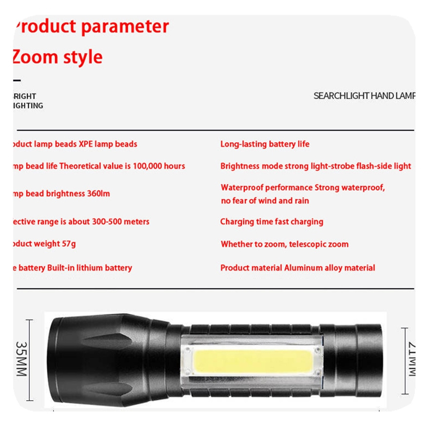 Custom Portable Waterproof 3 Modes Usb Rechargeable Lumen Zoomable Torch Lamp 3w Mini Handheld Led Flashlight Cob Side Lights