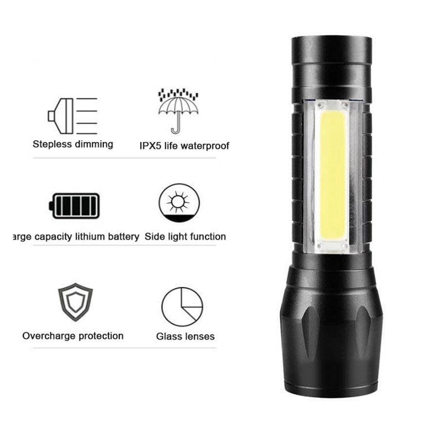 Custom Portable Waterproof 3 Modes Usb Rechargeable Lumen Zoomable Torch Lamp 3w Mini Handheld Led Flashlight Cob Side Lights