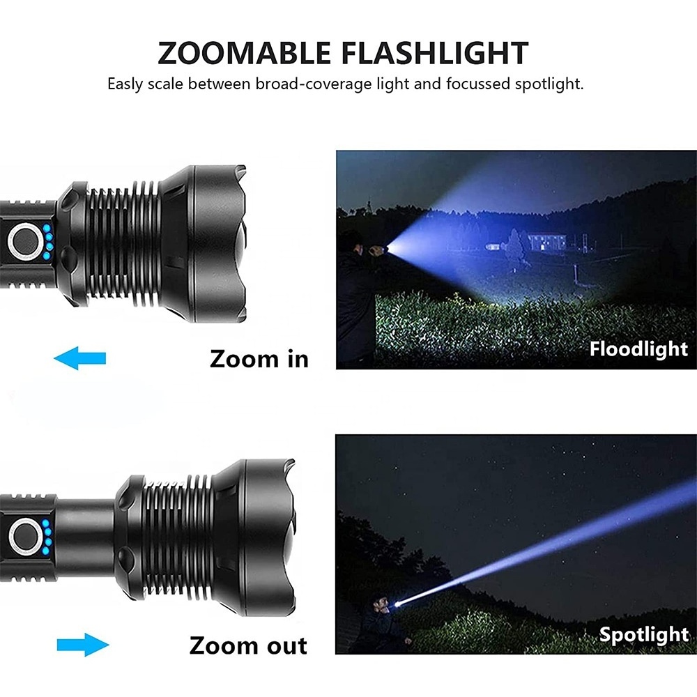 Custom custom high XHP70.2 USB rechargeable telescopic zoomable power display LED flashlights 5000 lumen hand torch light