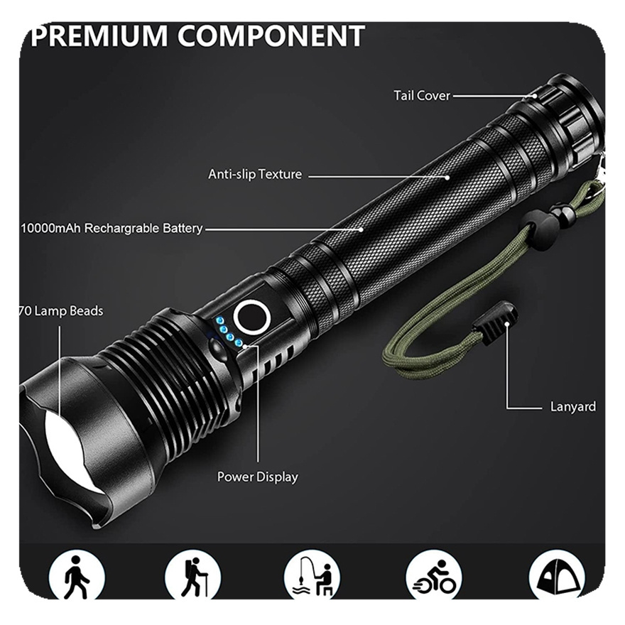 Custom Rechargeable LED Flashlights High 90000 Lumens XHP70 Super Liangte Zoomable Waterproof Flashlight 3 Modes