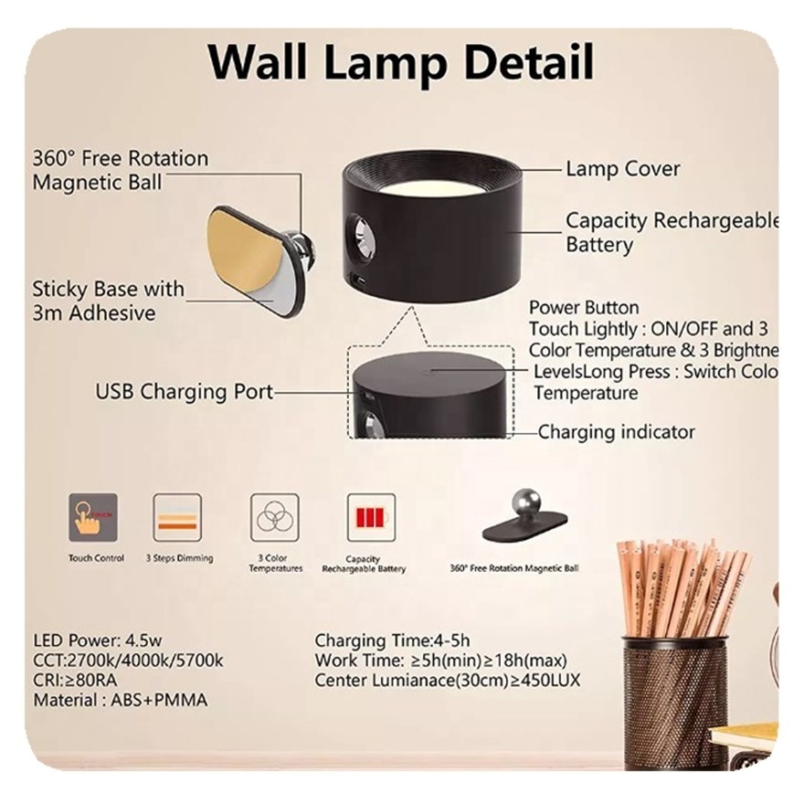 New Rechargeable 3 Color Temperature Sconce LED 360 Rotate Magnetic Wireless Bedroom Wall Reading Light Lamp