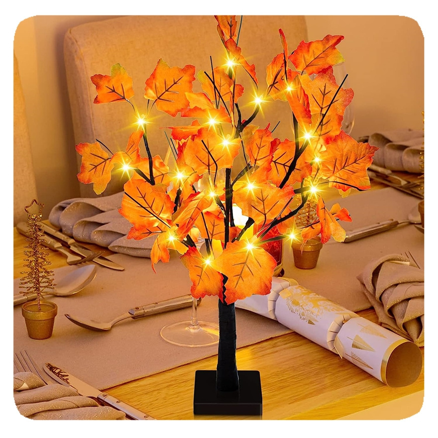 New Party/Wedding Autumn Harvest Home 24 LED Thanksgiving Decorations Artificial Fall Lighted Maple Bonsai Tree Table Lights