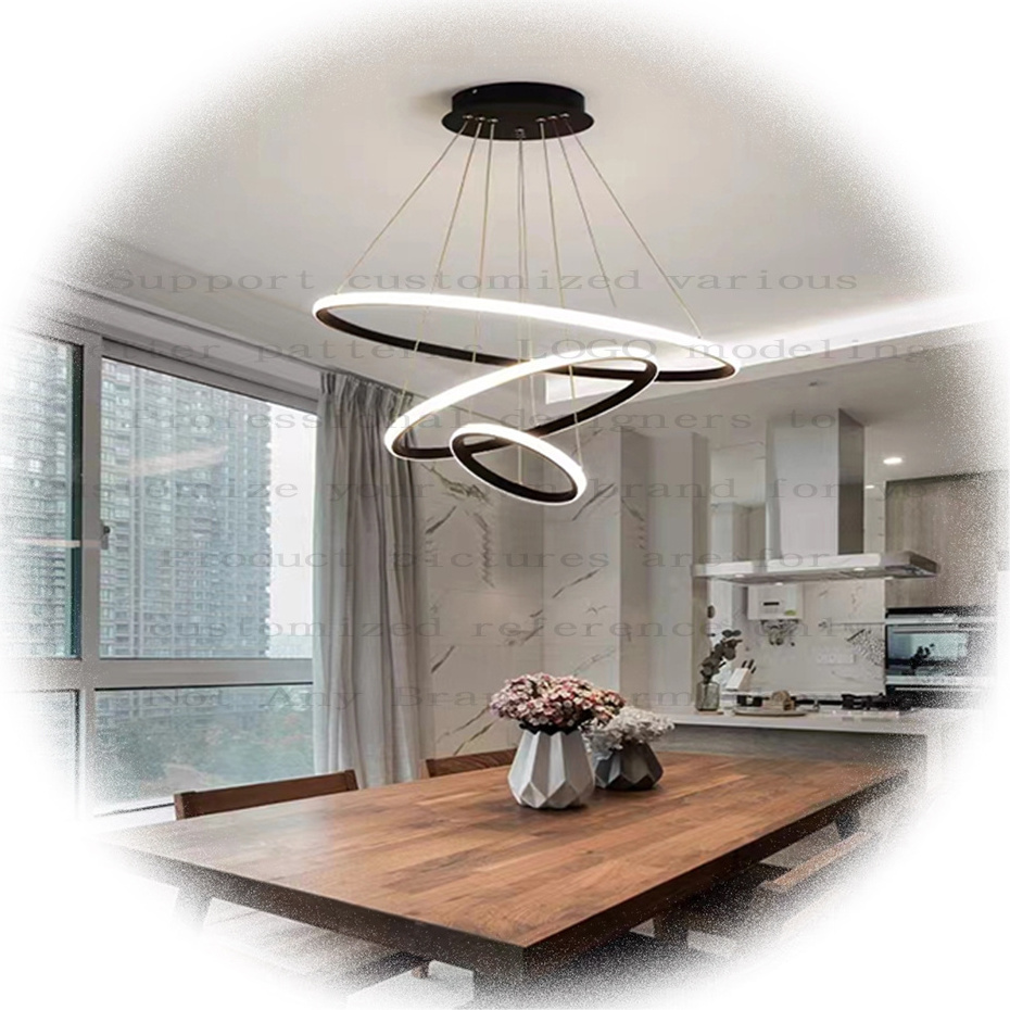 Custom Modern circle lights bedroom two black 3 ring led chandelier lamp pendant light for living dining room