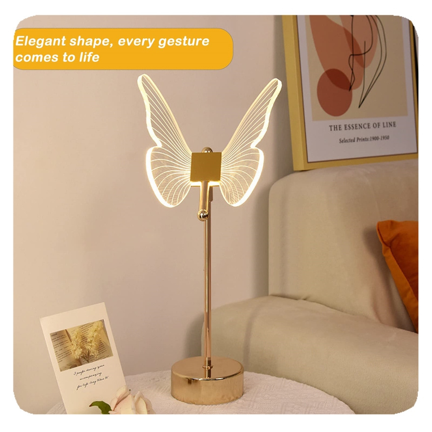 New Pretty Table LED Dimmable Nightstand Modern Golden Metal Base Butterfly Desk Lamps with Push Button Switch lamp