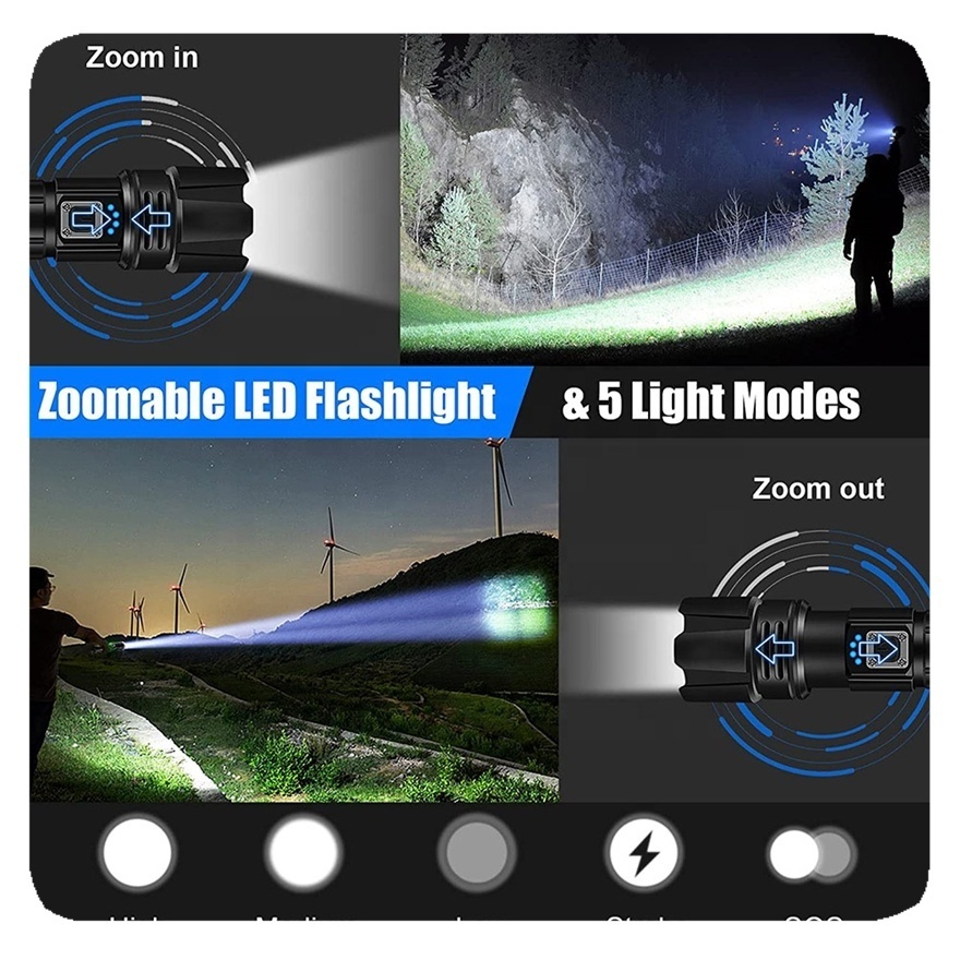 New Led Lights 100000 Lumen High Power Camp Waterproof Flash Light Powerful USB Rechargeable Tactical Torches Flashlight Lamp