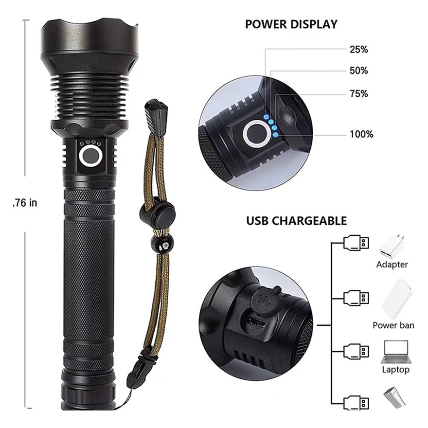 Custom Rechargeable LED Flashlights High 90000 Lumens XHP70 Super Liangte Zoomable Waterproof Flashlight 3 Modes