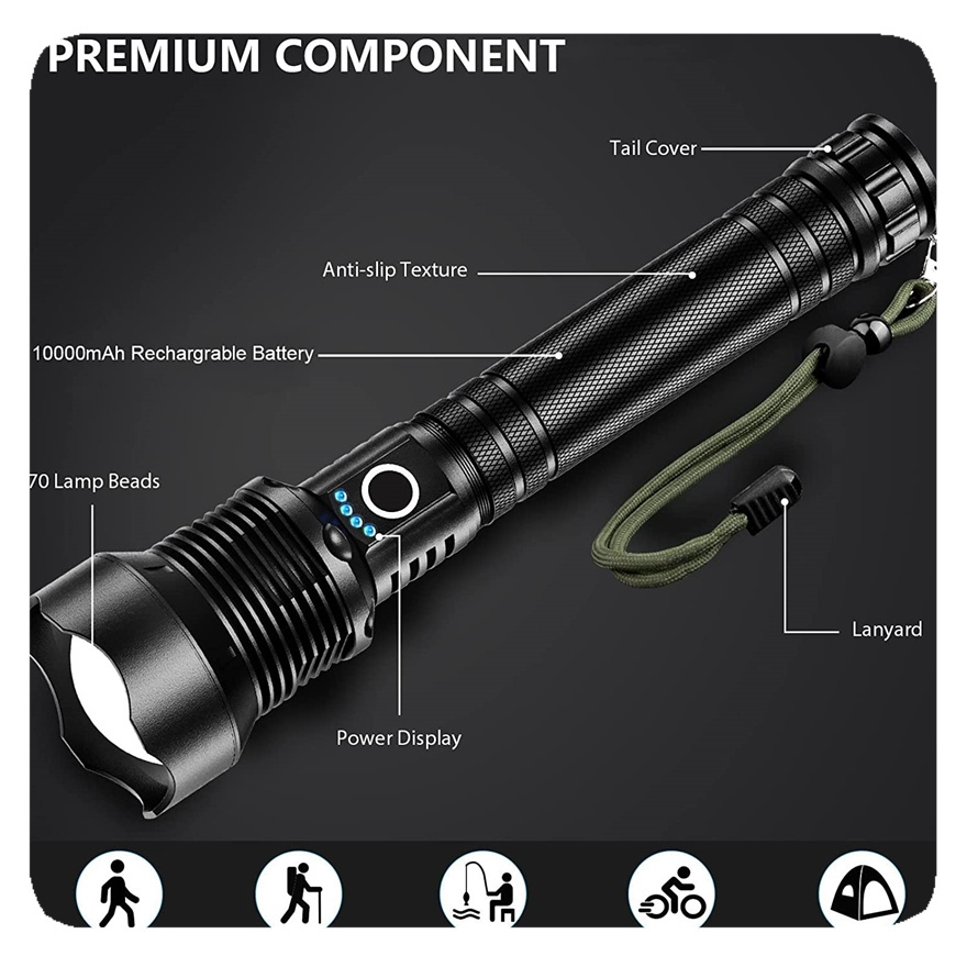 Custom Waterproof P90 long range Powerful 200000 lumens Tactical flashlights torch led rechargeable flashlight high lumen