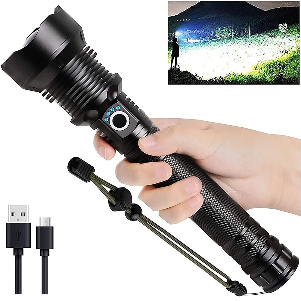 Custom custom high XHP70.2 USB rechargeable telescopic zoomable power display LED flashlights 5000 lumen hand torch light