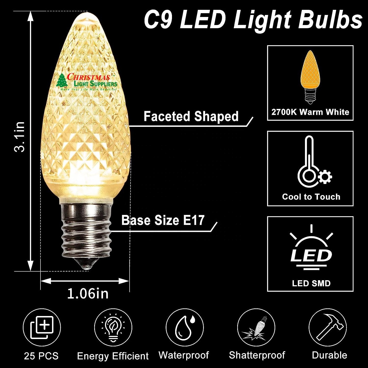 Warm White SMD C9 LED Christmas Light Bulbs waterproof  E17 faceted  Christmas Replacement Bulbs