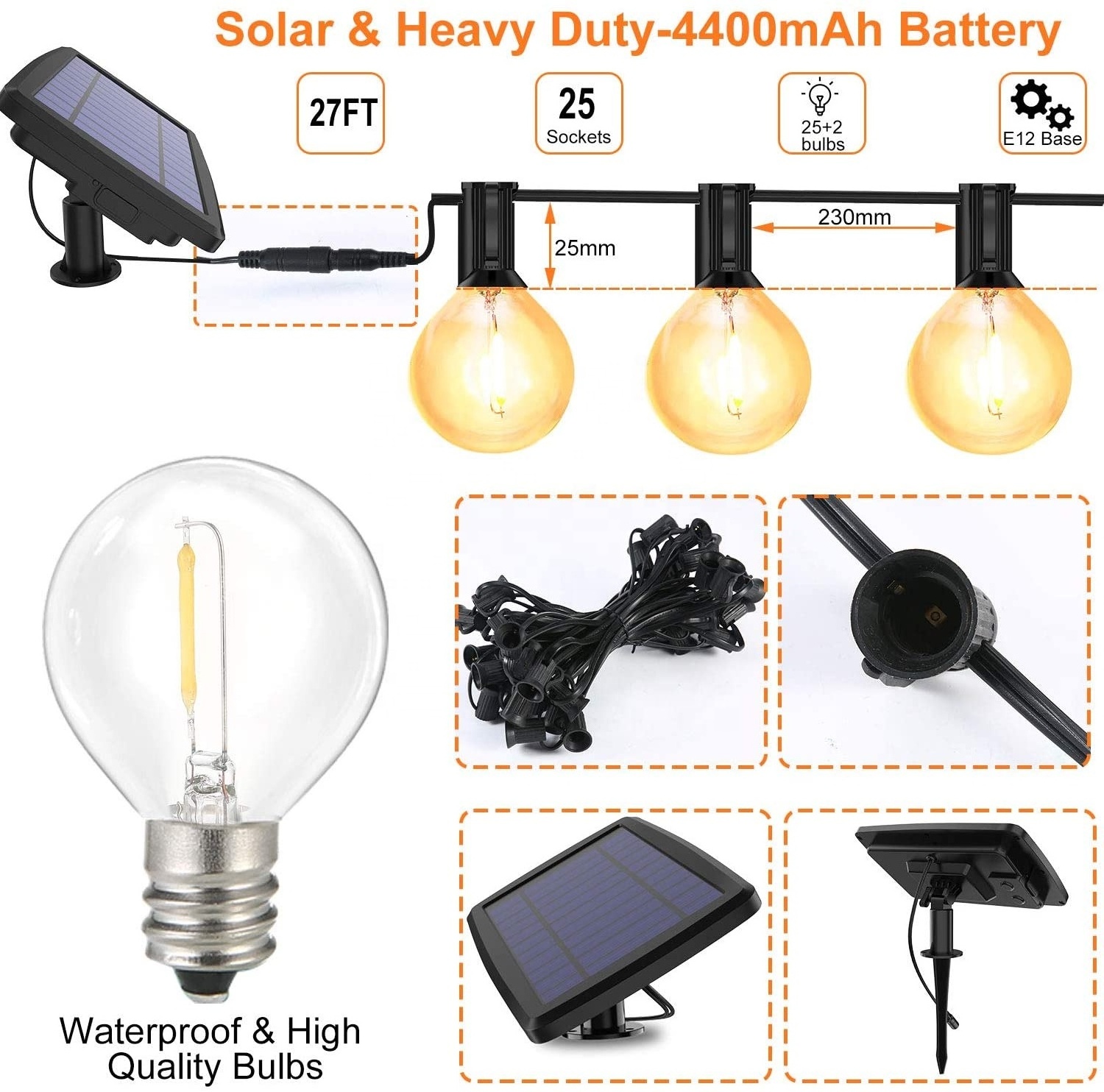 Solar LED String Light 25 socket  25ft Patio solar lights LED Bulbs G40  solar string lights outdoor