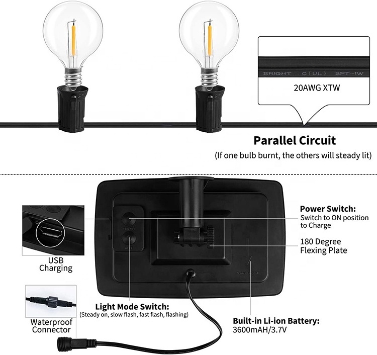 10 bulbs Solar  Globe Clear Patio strand light Vintage Bulbs G40 Led String Light waterproof  Outdoor pathway Decoration