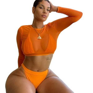 2021 Fall Set 3 Pieces Bathing Suit Women Mesh Sexy Bikini Cover Up Long Sleeve High Waisted Swimsuit Swimwear