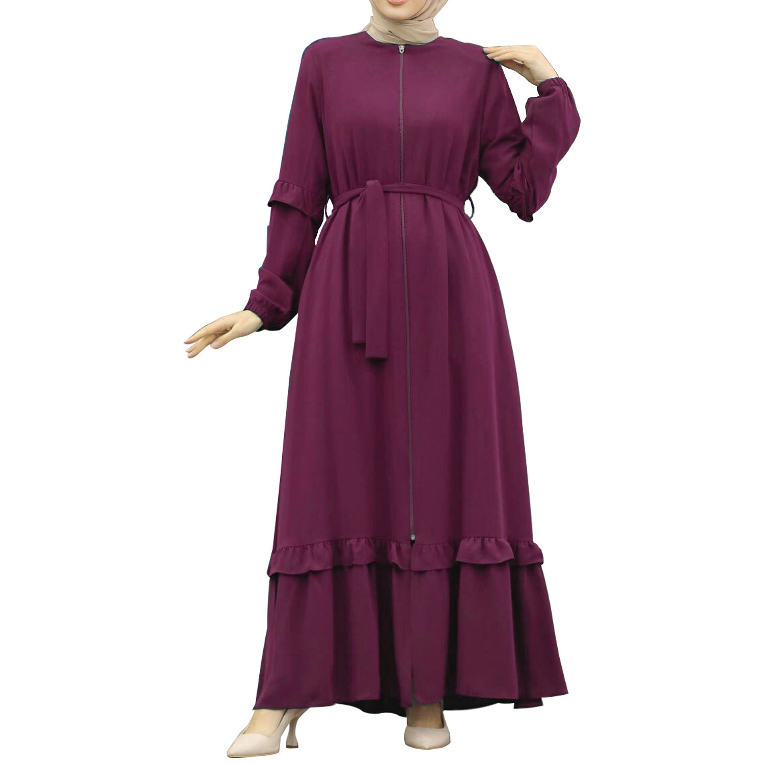 Traditional women's dress Middle Eastern women's dress solid color zipper pullover long sleeve daily long dress