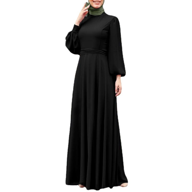 Wholesaler High-waisted Hem Lantern Sleeve Middle East Deira Dubai Muslim Women Solid Color Long Dress Abaya Burqa